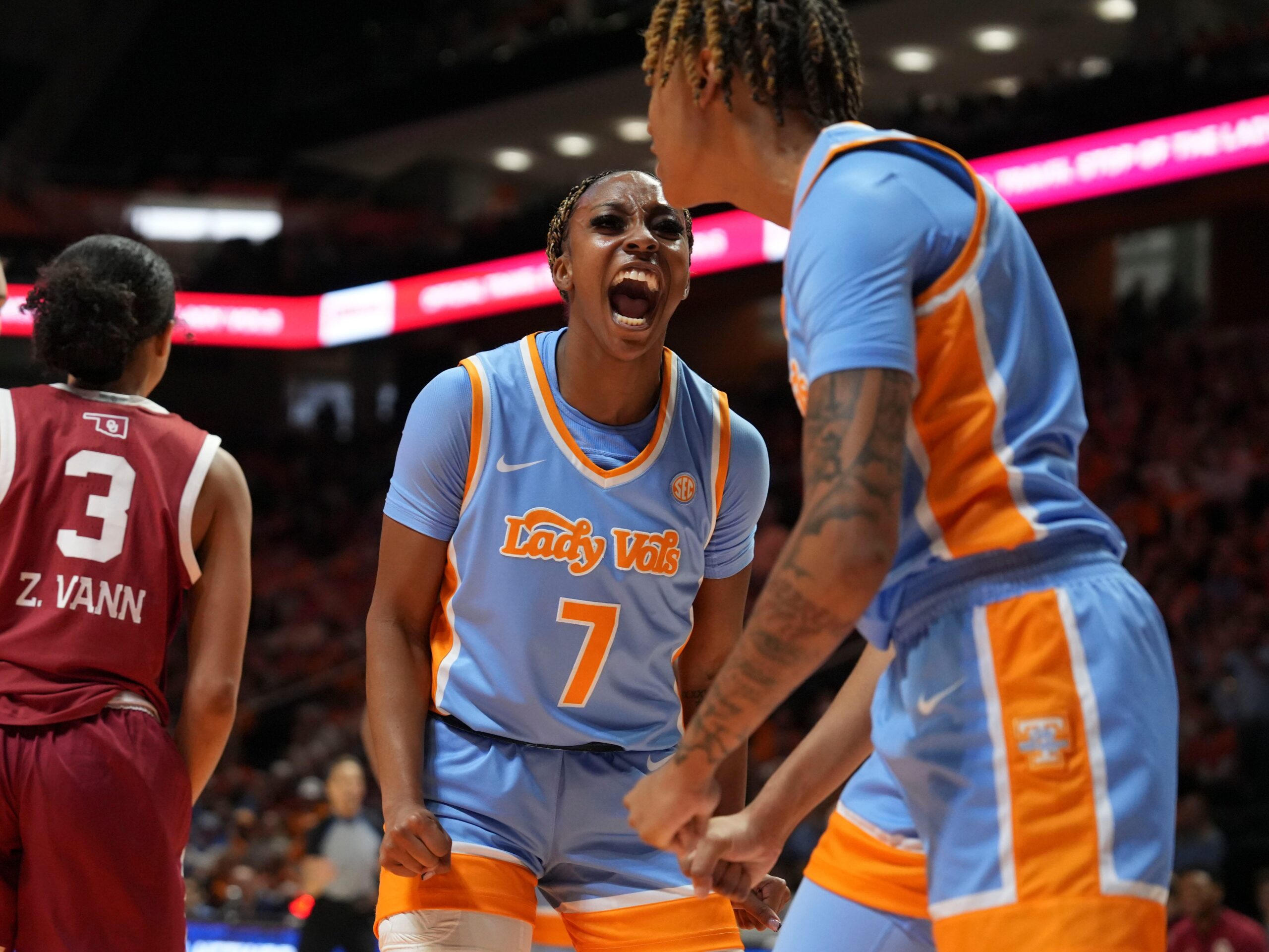 Tennessee's Samara Spencer yells out to teammates