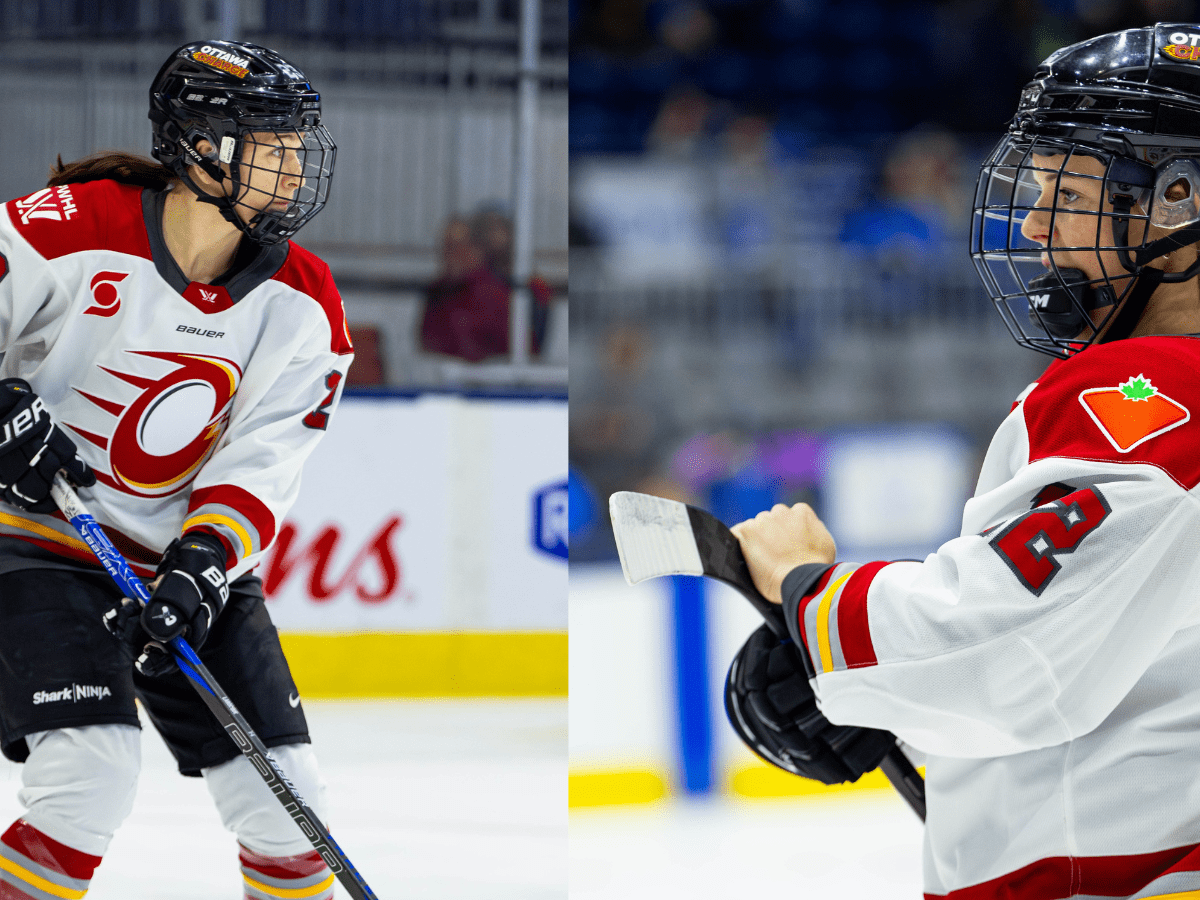 Jocelyn Larocque (left) and Victoria Bach (right) warming up.