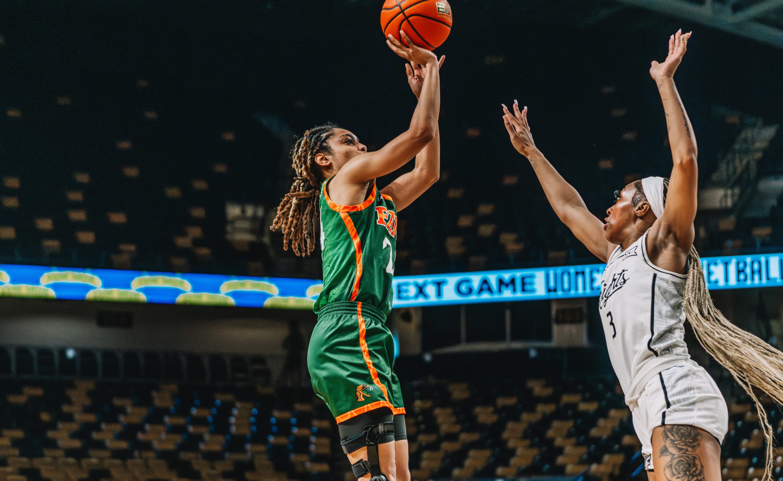 Florida A&M guard Cheyenne McEvans shoots during a game against UCF. (Photo credit: Kyrease Desseau)