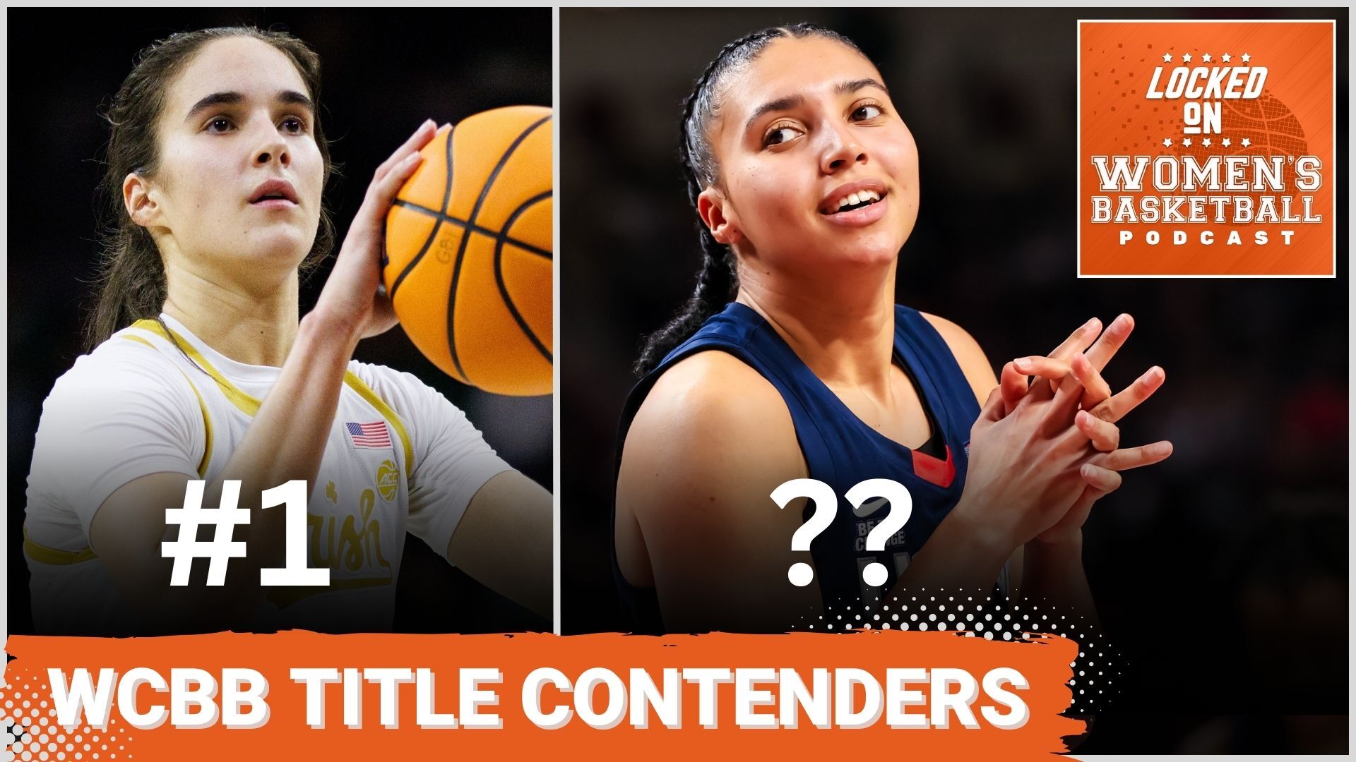Close-up photos of Notre Dame's Sonia Citron shooting the ball and UConn's Azzi Fudd reacting to a play are shown side-by-side. The text "WCBB title contenders" is overlaid at the bottom in all caps, and the orange Locked On Women's Basketball logo is in the top right corner.