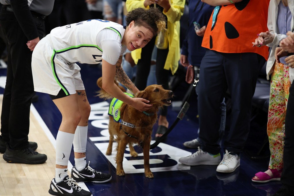 Minnesota Lynx guard Natisha Hiedeman bends over to pet a small brown dog who is courtside after a basketball game.