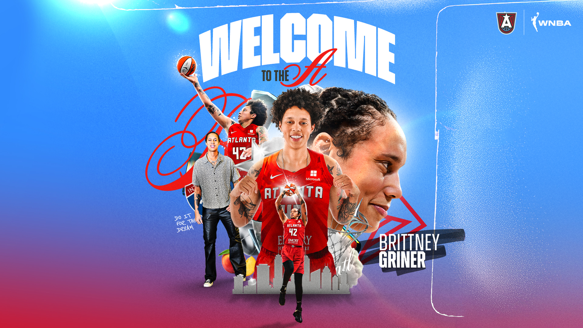 A graphic with five photos of Brittney Griner in a collage against a blue and purple gradient background. The text reads, "Welcome to the A" and "Brittney Griner."