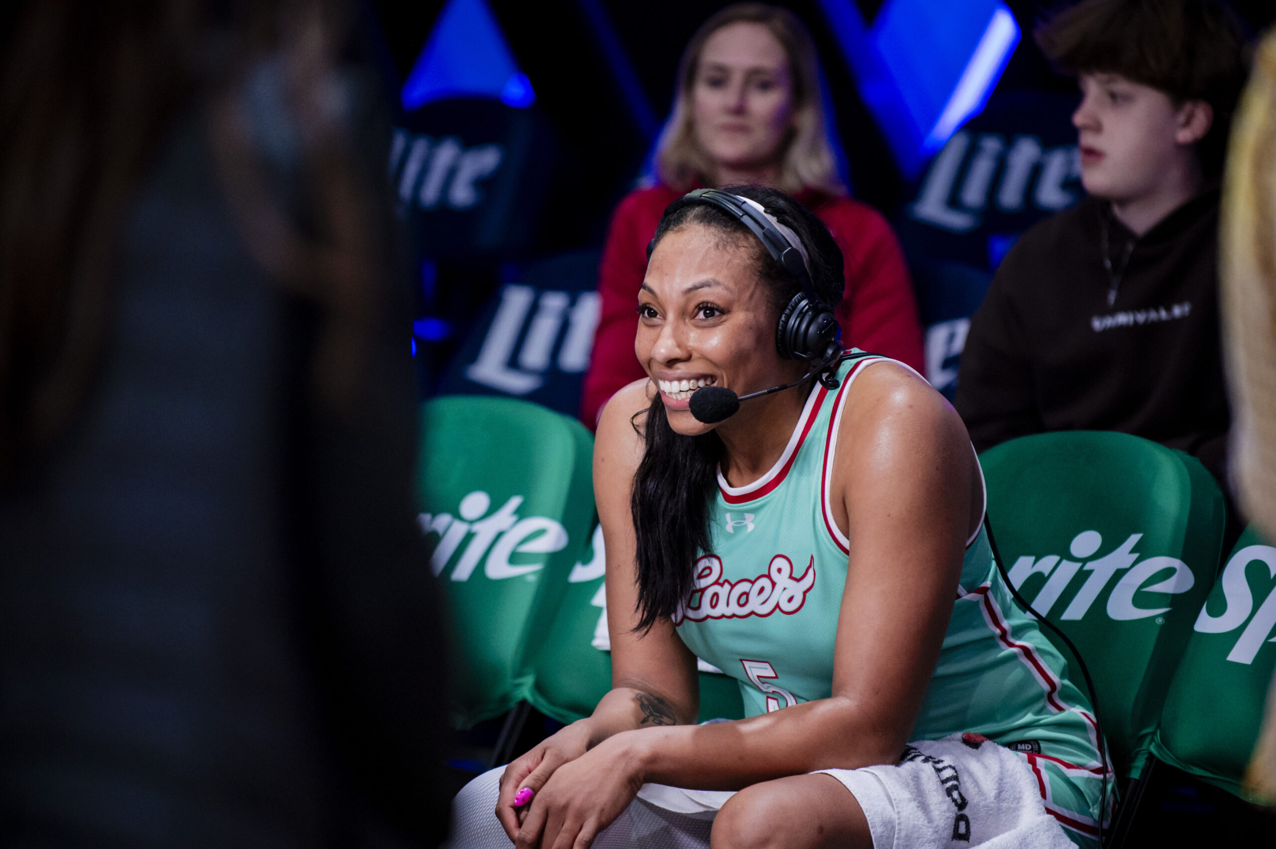 Betnijah Laney-Hamilton smiles while getting interviewed by the TNT broadcast postgame