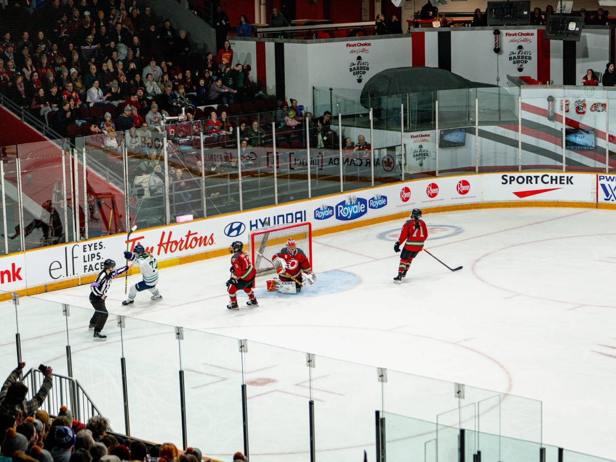 An above-ice view of Tapani raising her stick in celebration as the ref points to the goal, as two Charge players skate away.