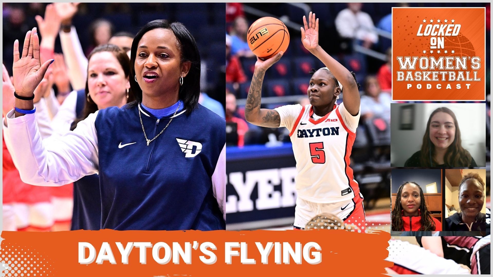 Photos of Dayton head coach Tamika Williams-Jeter high-fiving her players and senior forward Arianna Smith shooting the ball are displayed side-by-side. The text "Dayton's flying" is overlaid at the bottom in all caps, and the orange Locked On Women's Basketball logo is in the top right corner.