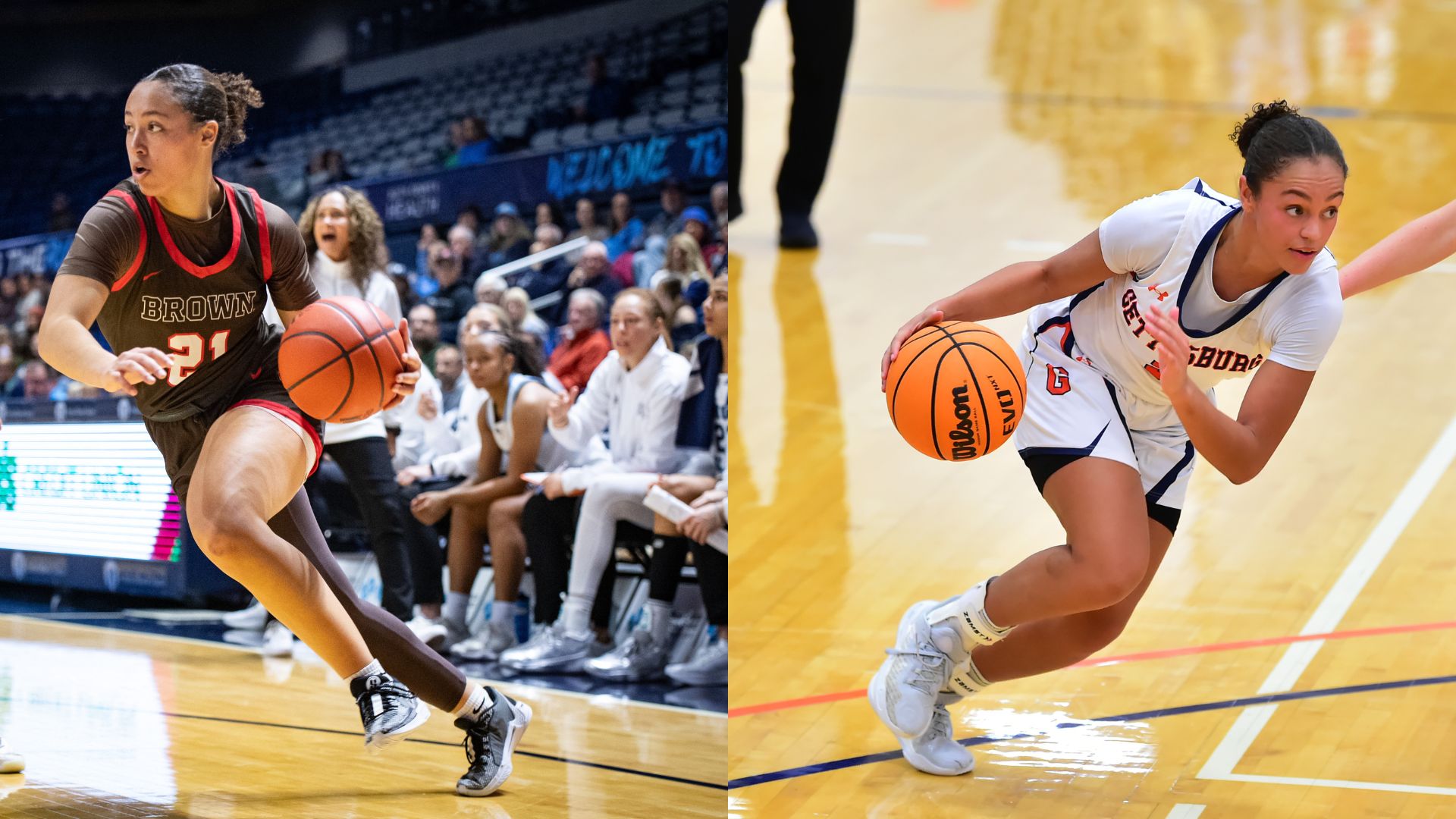 Side-by-side photos of Brown guard Grace Arnolie and Gettysburg guard Alayna Arnolie dribbling the ball and attacking the rim. The photos are displayed so that Grace and Alayna are each dribbling away from the center of the image.