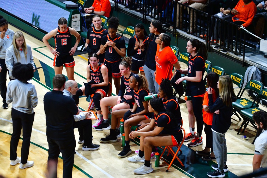 Campbell during a team huddle against William & Mary earlier this season. (Photo credit: Campbell Athletics)