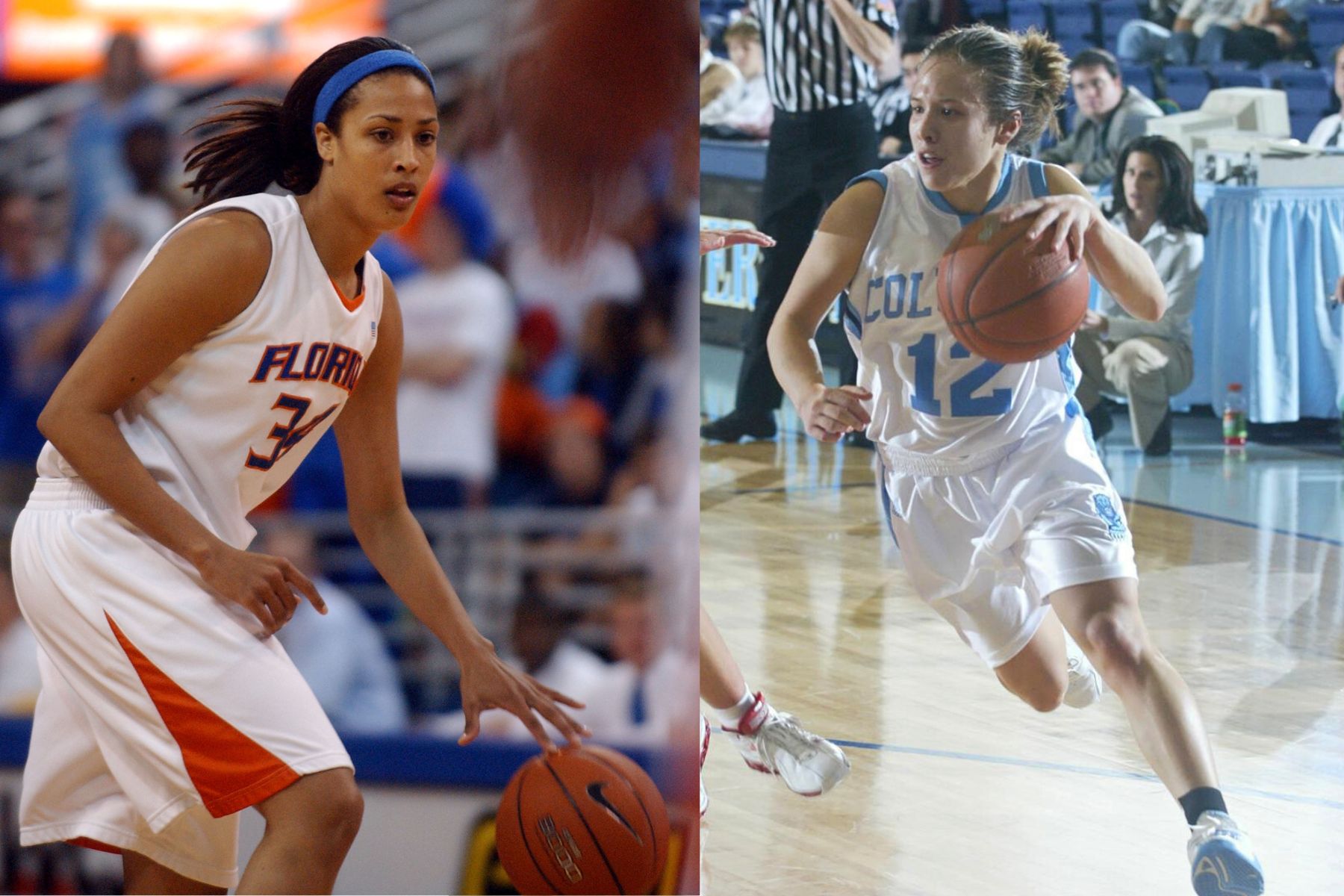 Two action photos are displayed side-by-side. At left, Florida forward Dalila Eshe dribbles the ball with her left hand. At right, Columbia guard Megan Griffith drives the ball inside the arc with her left hand.