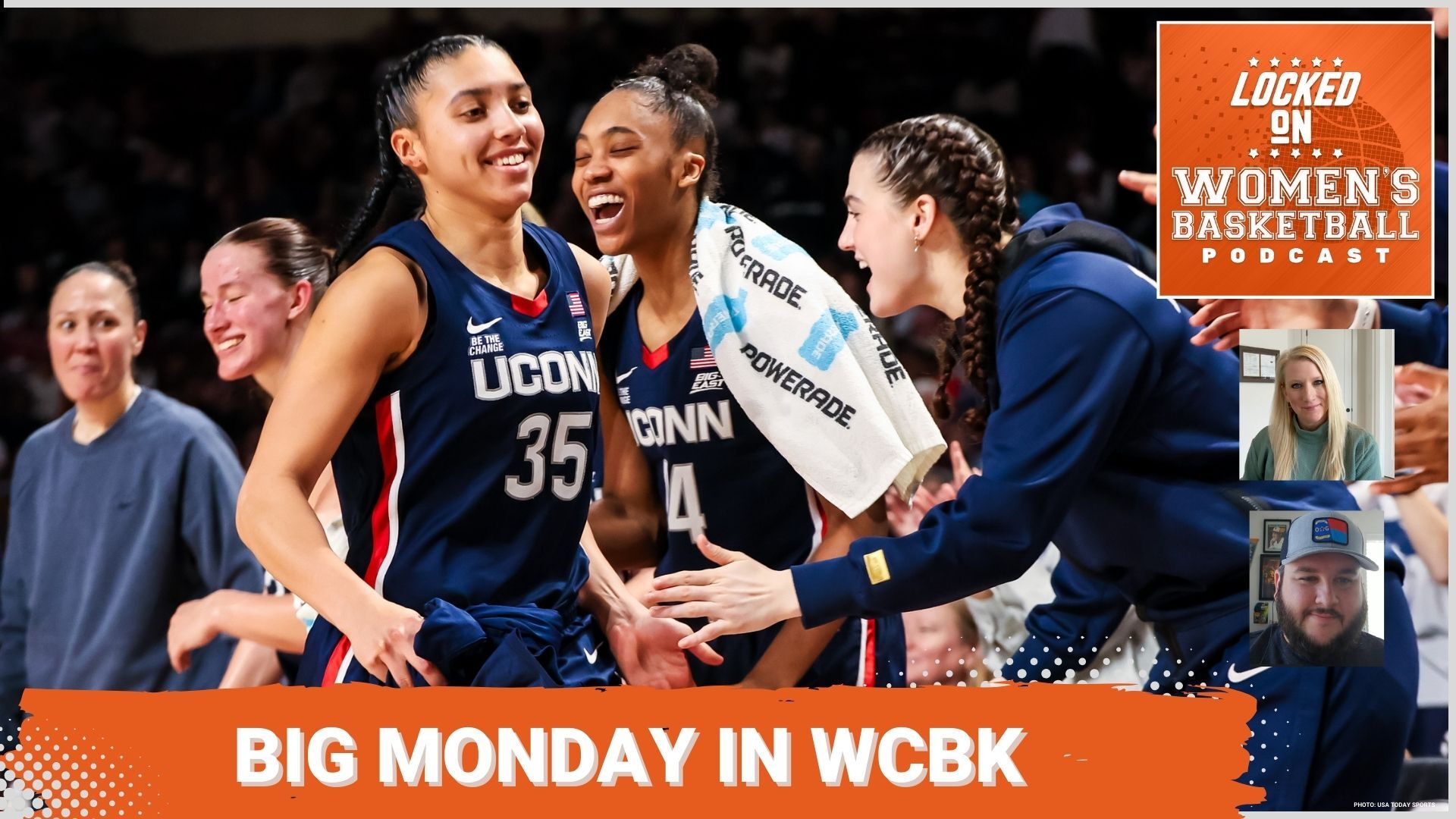 Graphic promoting the Locked On Women's Basketball podcast. There is an image of the UConn Huskies and text overlay reads "Big Monday in WCBK." There is a show in the top-right corner and photos of host Missy Heidrick and her guest Mitchell Northam below.