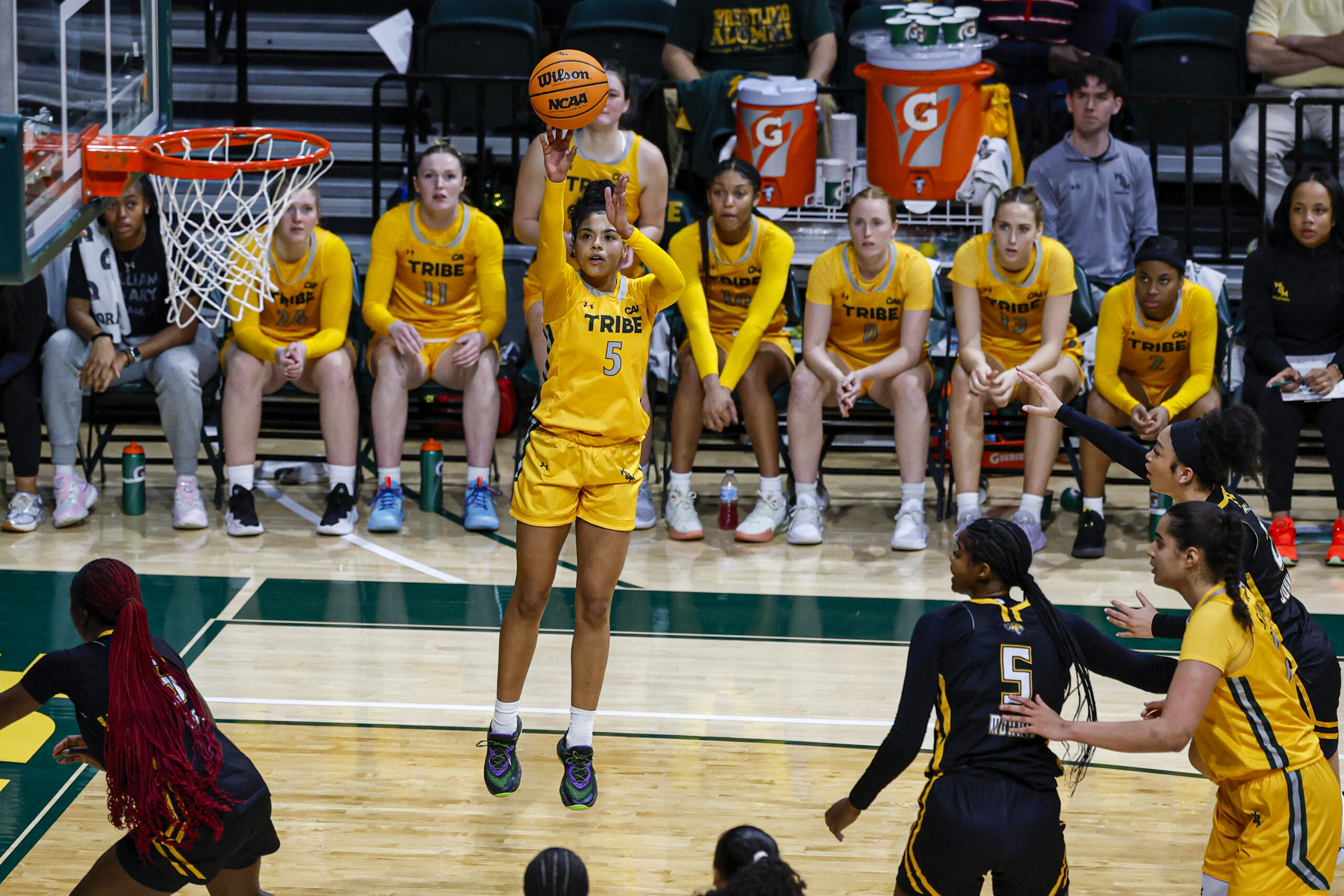 Bella Nascimento shoots in a game against Towson on Jan. 26. (Photo credit: William & Mary Athletics)