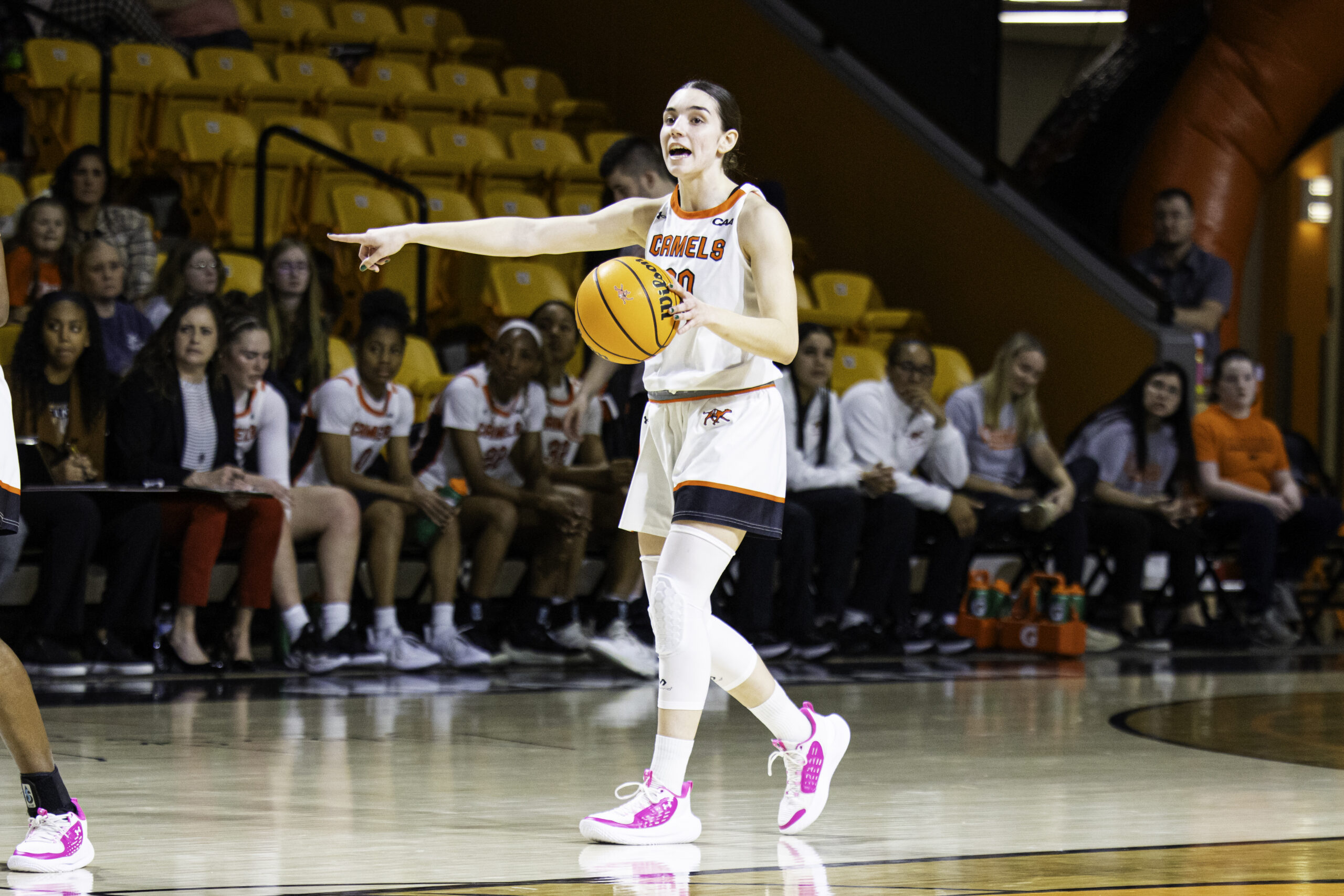 Campbell's Gemma Nunez brings the ball up the floor and directs the offense during a game this season. (Photo credit: Campbell Athletics)