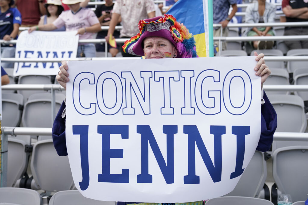 Sep 3, 2023; San Diego, California, USA; Fans display signs in support of Jenni Hermoso shown before the match between San Diego Wave FC and Houston Dash at Snapdragon Stadium. Mandatory Credit: Ray Acevedo-USA TODAY Sports