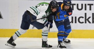 Boston Fleet forward Hilary Knight battles for the puck