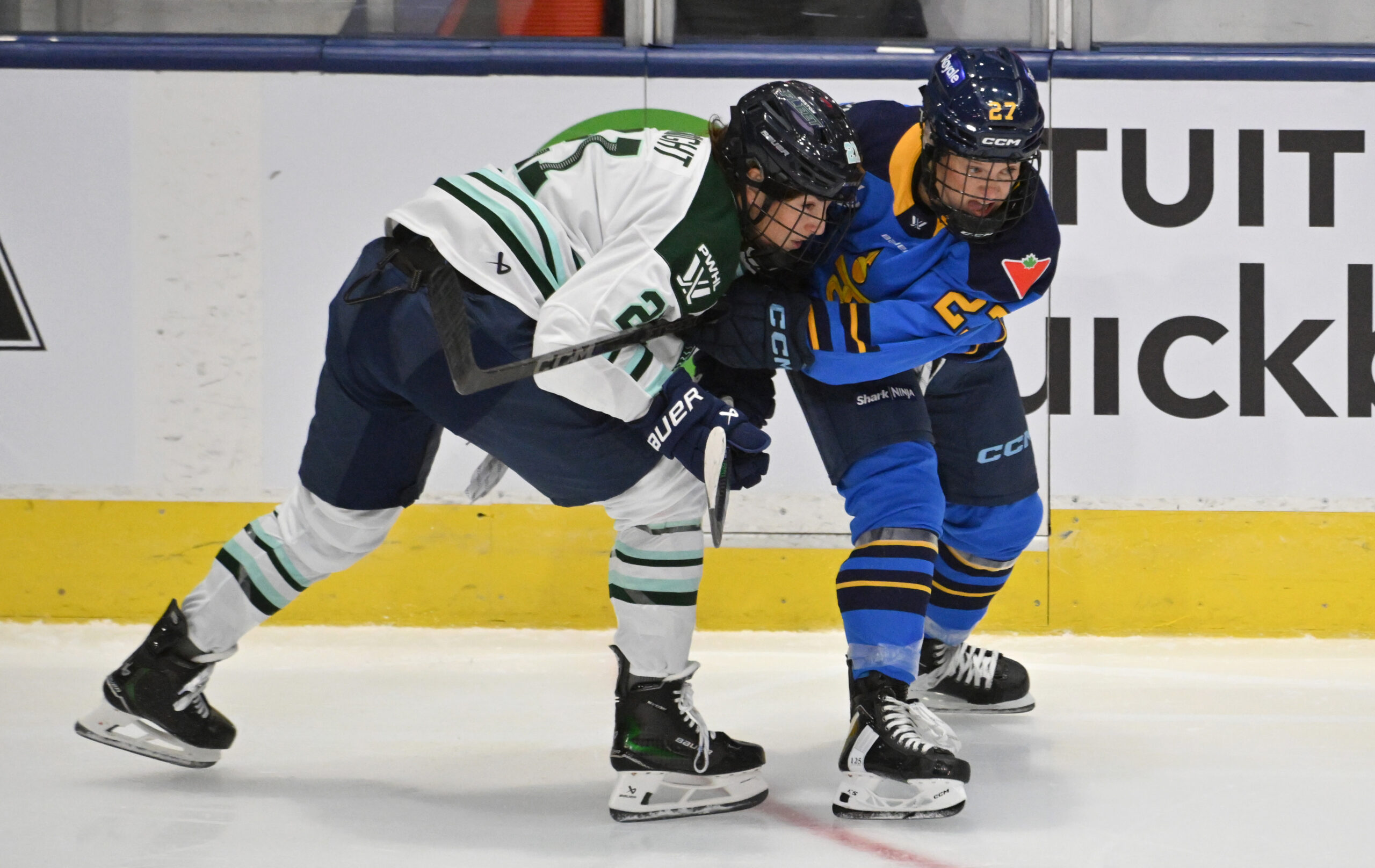 Boston Fleet forward Hilary Knight battles for the puck