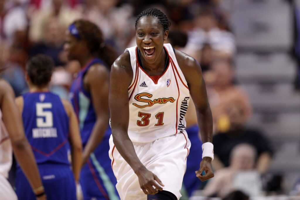 Tina Charles, celebrating on the court.