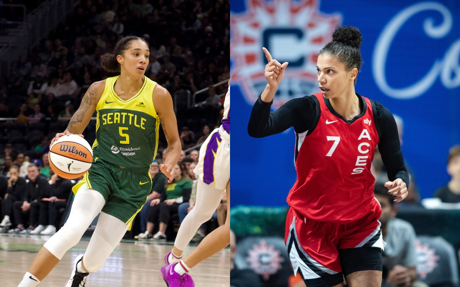Two action shots are displayed side-by-side. At left, Seattle Storm forward Gabby Williams dribbles the ball with her left hand. At right, Las Vegas Aces forward Alysha Clark points to her right to acknowledge a teammate.