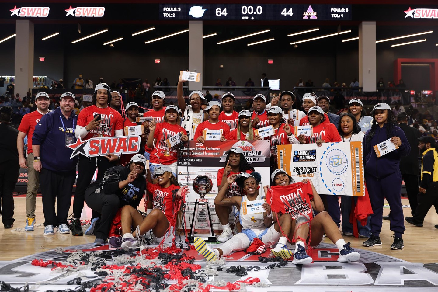 Southern women's basketball celebrates 2nd SWAC championship in 3 years. (Photo credit: SWAC)
