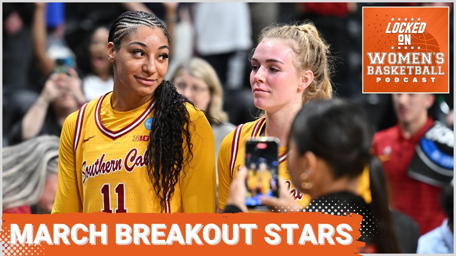 USC players Kennedy Smith (left) and Avery Howell (right) walk on the court during a USC NCAA Tournament game against Kansas State. Locked On Women's Basketball logo at top right. White text on orange background below reads "March Breakout Stars".
