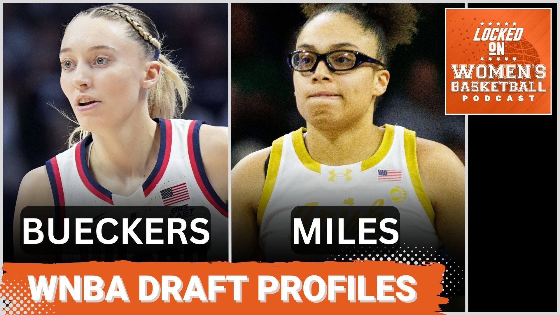 A preview image for the Locked on Women's Basketball podcast, with a picture of UConn's Paige Bueckers to the left and Olivia Miles to the right, and a title banner in orange across the bottom that reads "WNBA draft profiles"