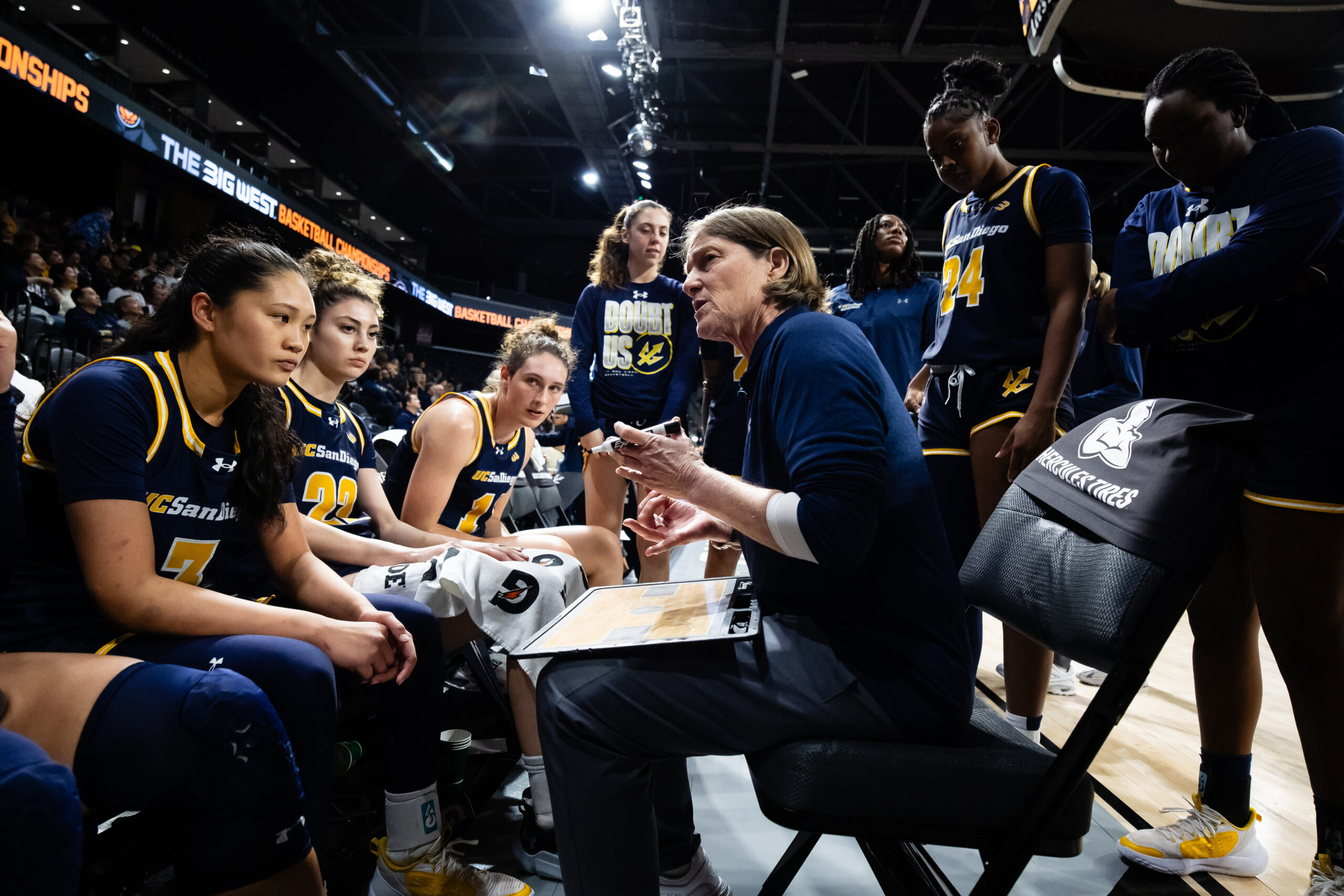 UC San Diego head coach Heidi VanDerveer talks with her team during a timeout at the Big West Championship Game against UC Davis.