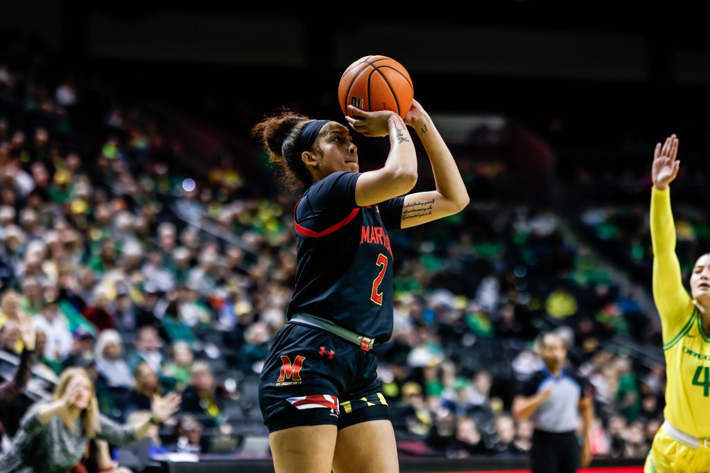 Maryland junior guard Kaylene Smikle shoots in a game against Oregon. (Photo credit: University of Maryland Athletics)