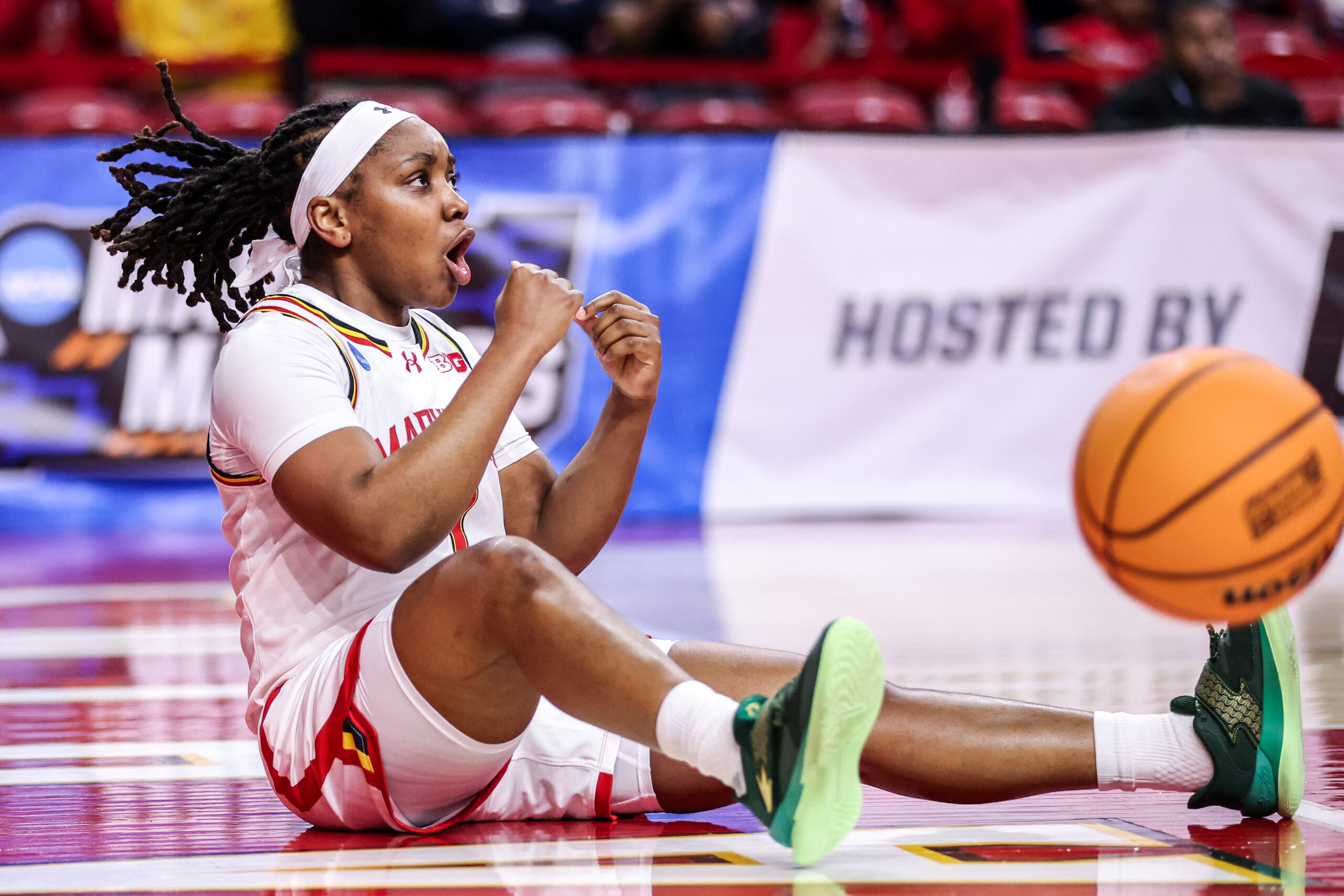 Maryland's Sarah Te-Biasu celebrates after a moment. (Photo credit: University of Maryland Athletics)