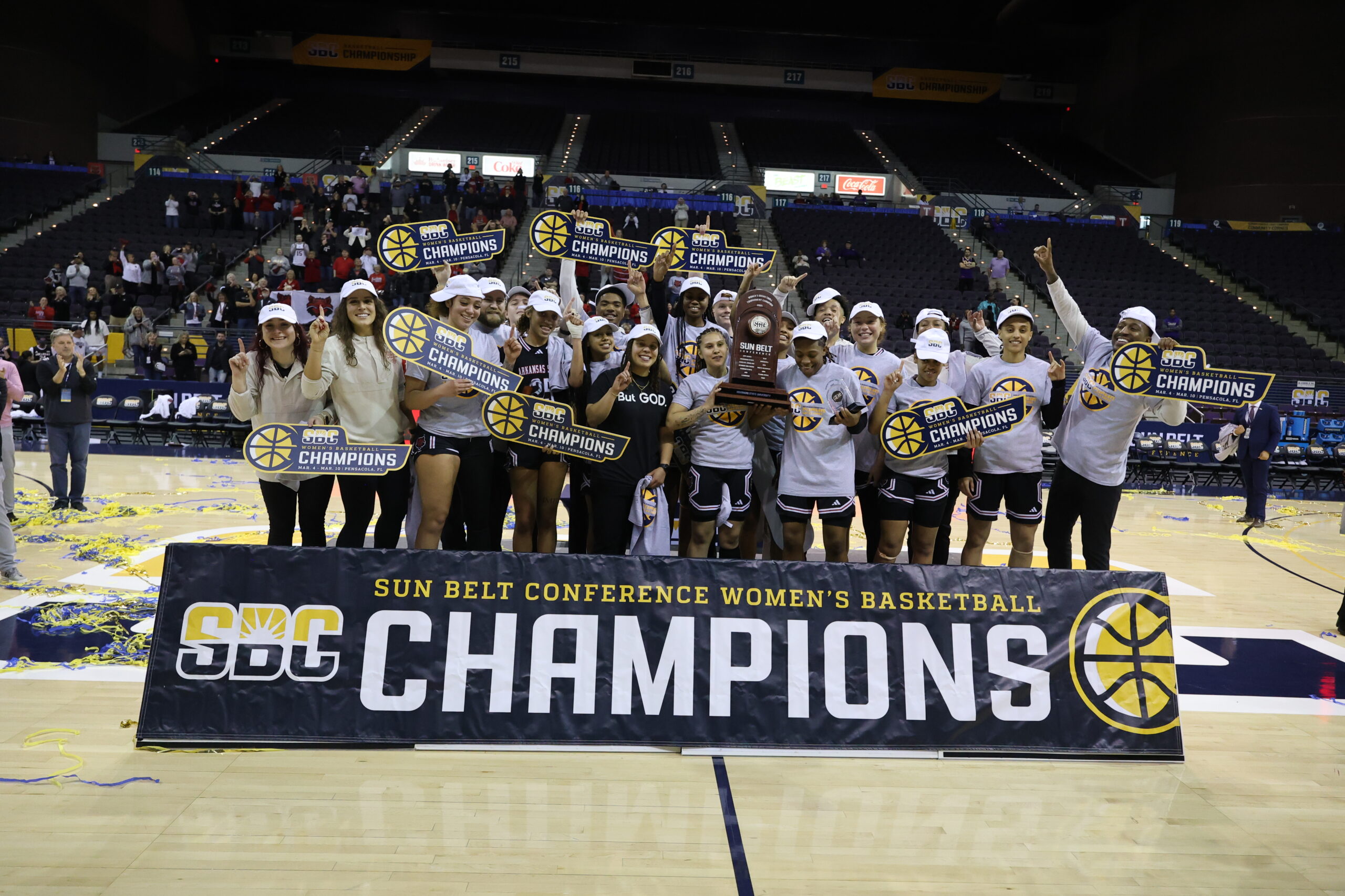 Arkansas State celebrates the Sun Belt Championship. (Photo credit: Arkansas State Athletics)