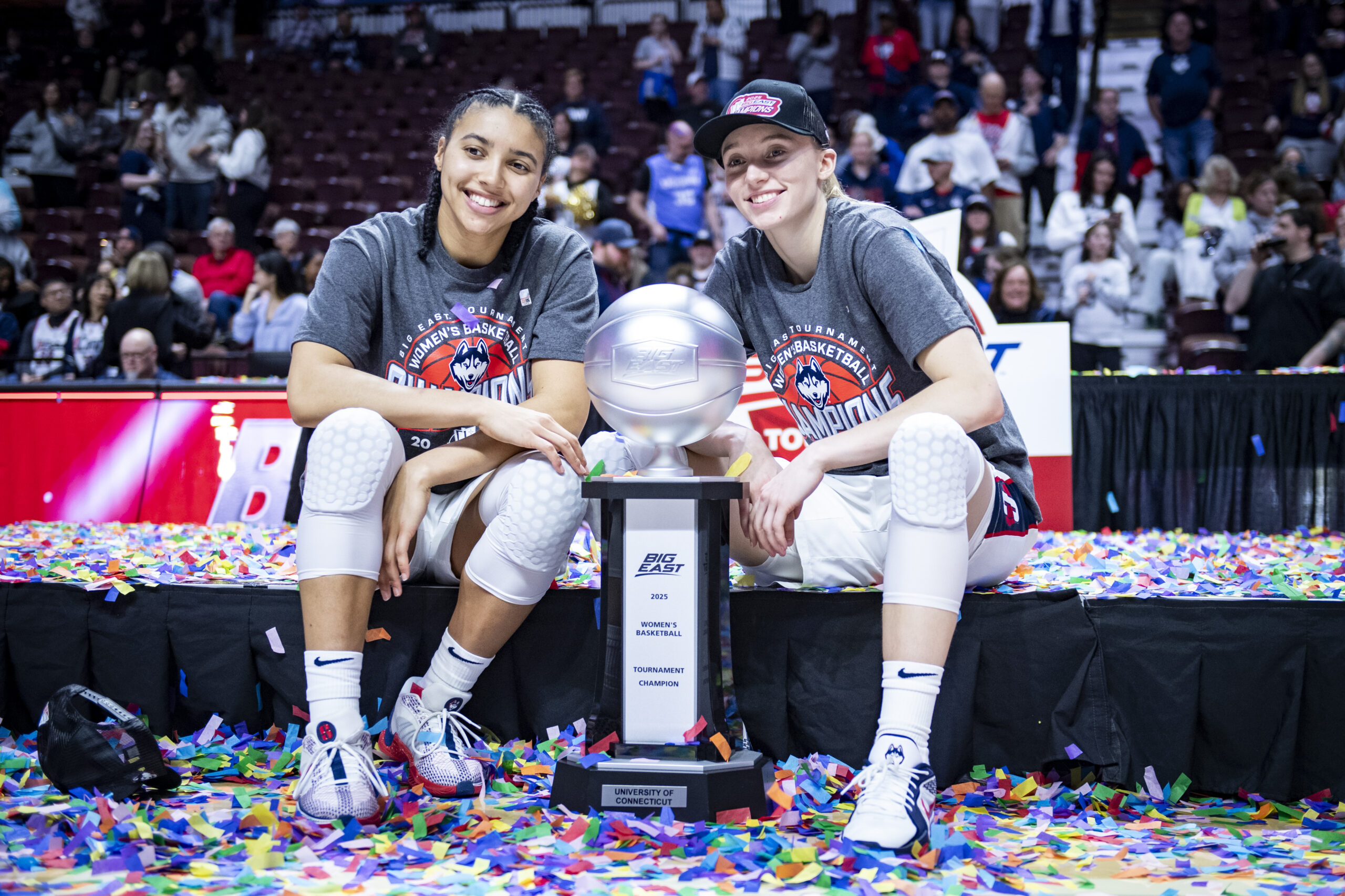 UConn guards Azzi Fudd (L) and Paige Bueckers (R) pose for a photograph
