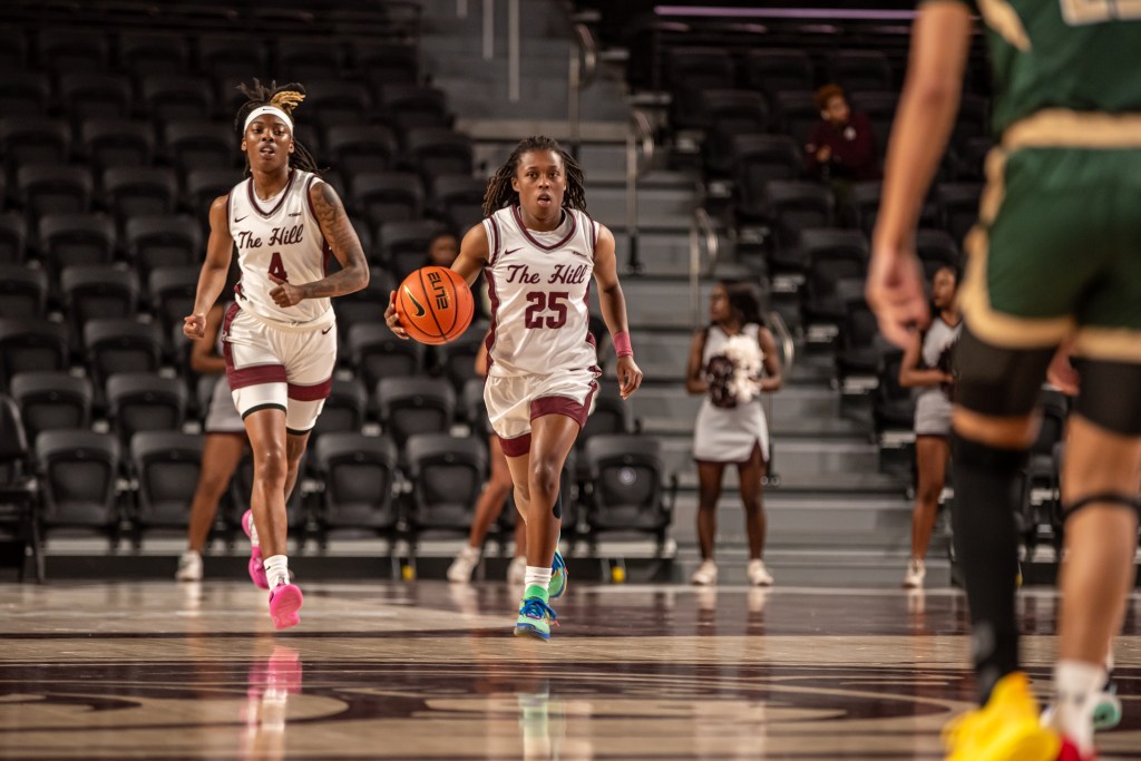 Kalia Walker (with ball) brings the ball up the floor against UAB on Tuesday, Nov. 12, 2024. (Photo credit: Alabama A&M Athletics)