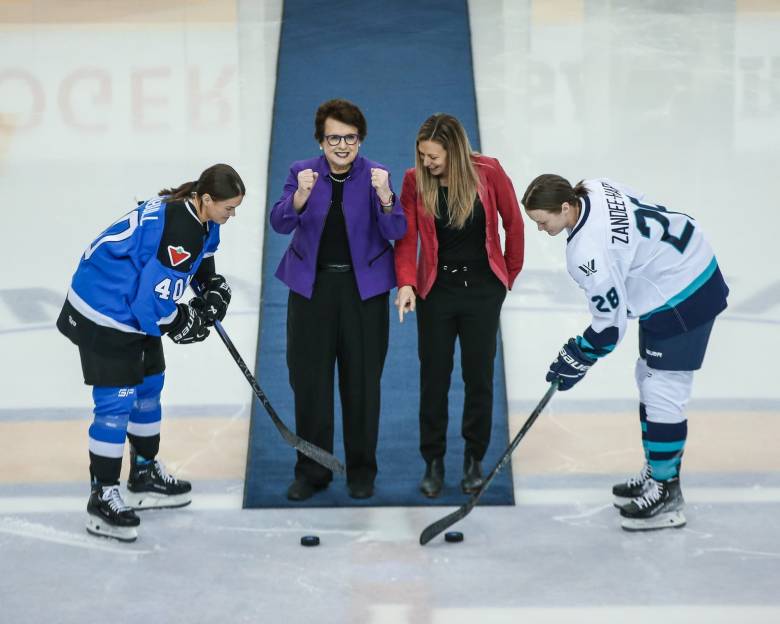 Billie Jean King and Jayna Hefford during opening puck drop for the PWHL's inaugural game