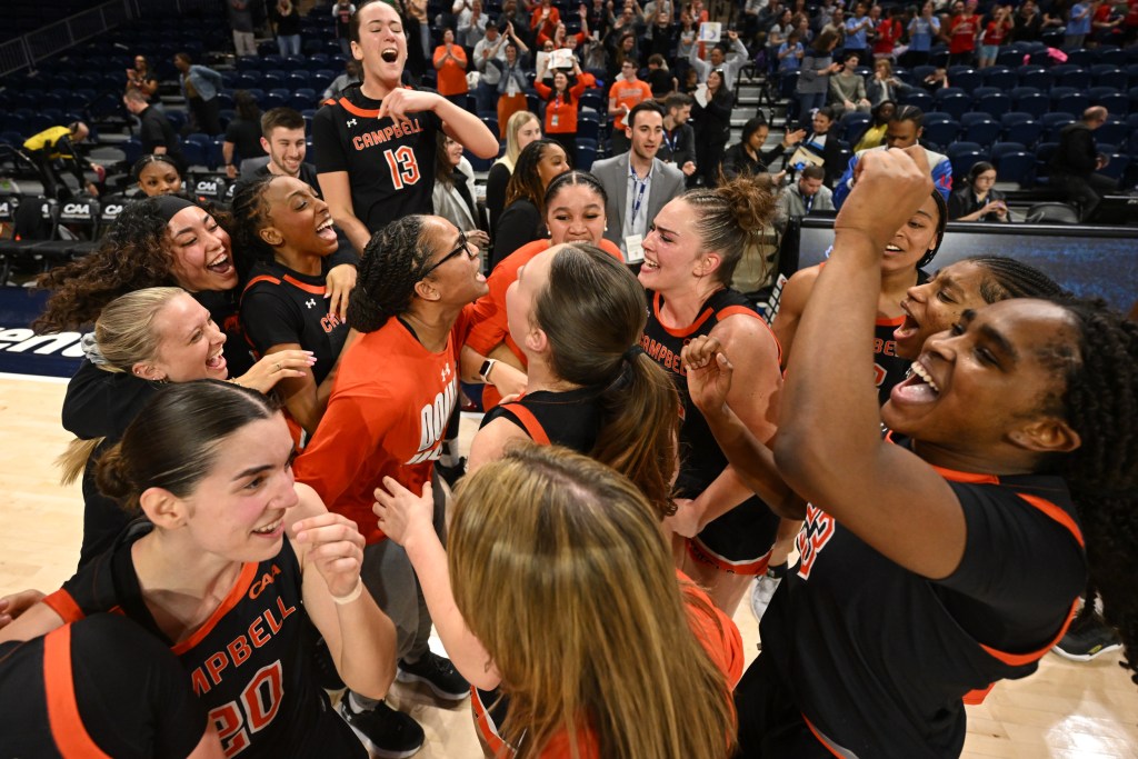 Campbell celebrates after beating the College of Charleston on March 15, 2025. (Photo credit: CAA)