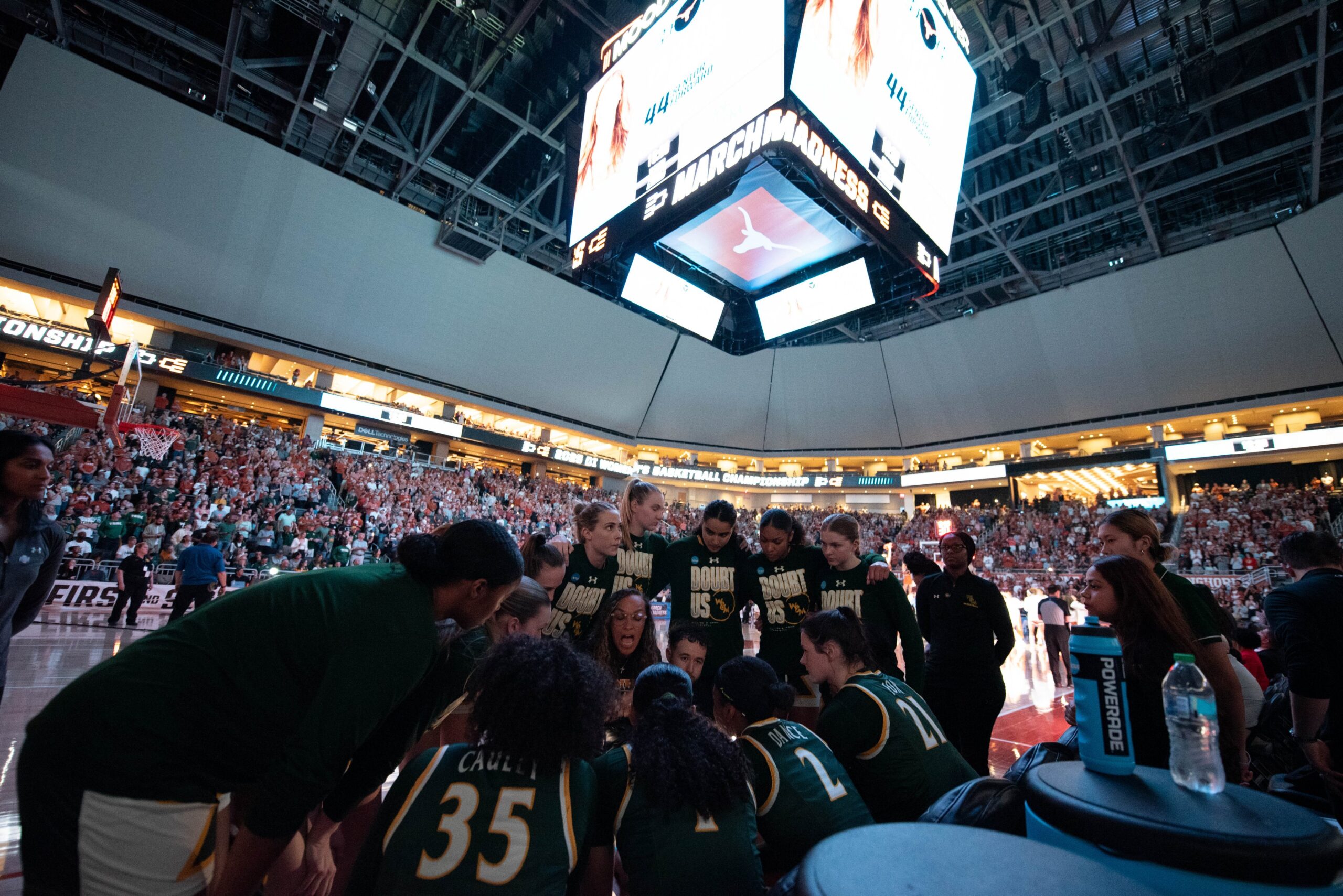 William & Mary during pregame introductions at the Moody Center prior to its NCAA Tournament game against Texas. (Photo credit: William & Mary Athletics)