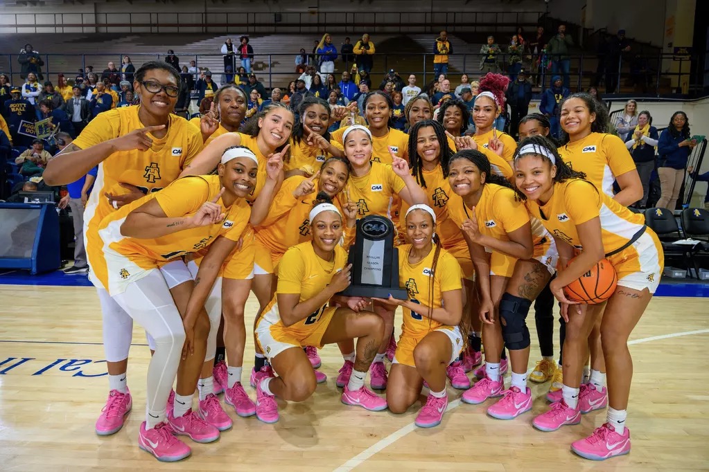 North Carolina A&T celebrates its 2025 regular season championship on Thursday, March 6. (Photo credit: North Carolina A&T Athletics)