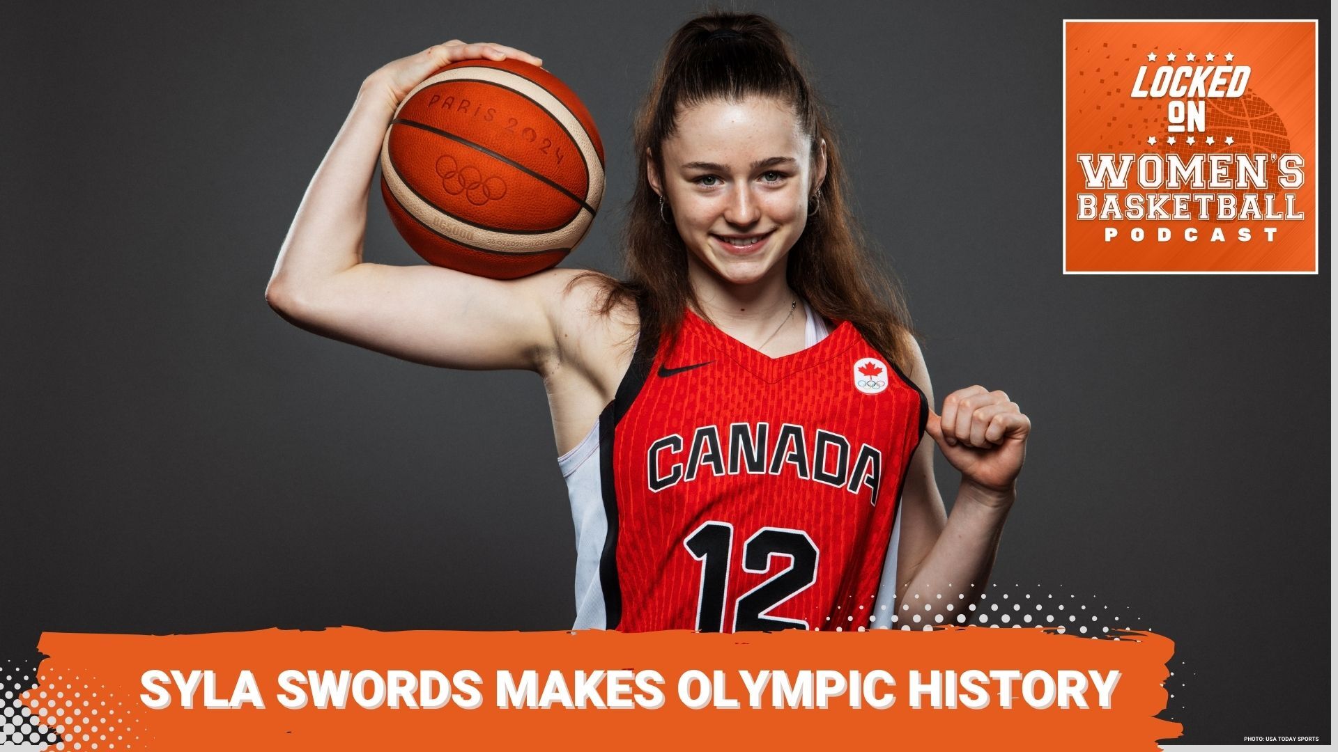 Graphic with photo of Syla Swords (12) posing while wearing a Team Canada jersey and holding a basketball with the text "Paris 2024" and Olympic rings engraved on it in her right hand. Locked On Women's Basketball logo at top right. White text on orange background reads "Syla Swords makes Olympic history".