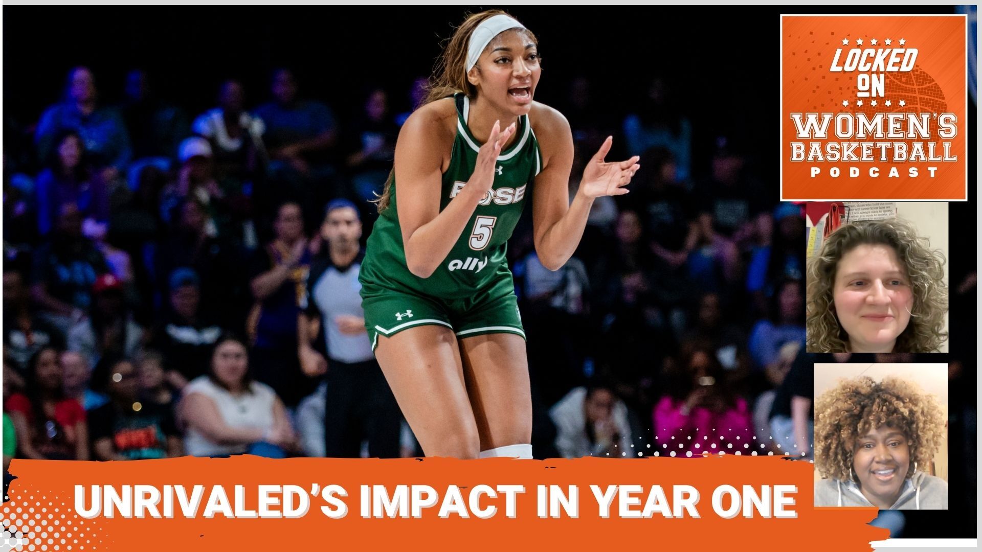 Angel Reese claps in a thumbnail image alongside the podcast title "Unrivaled's impact in Year 1"