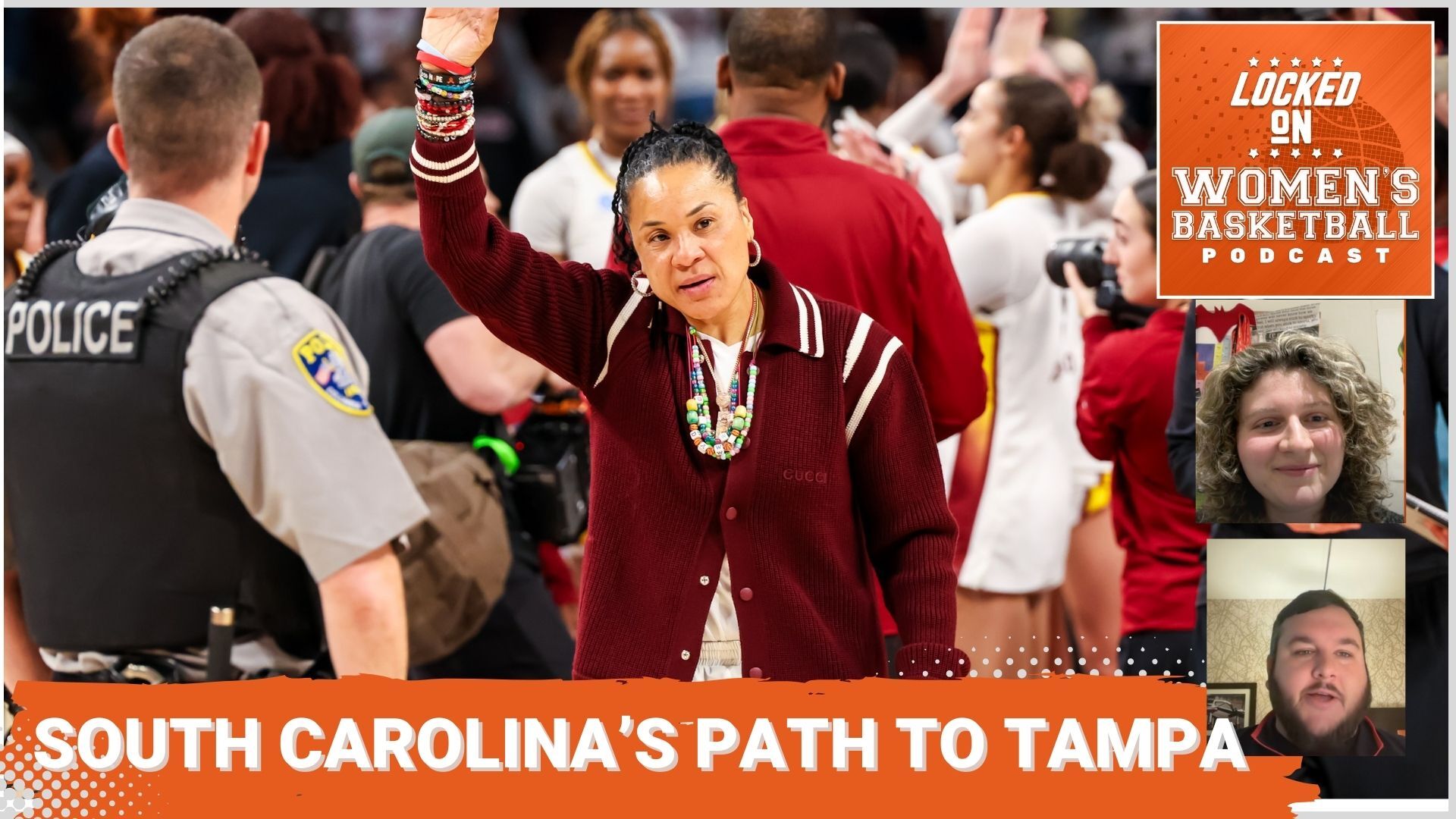 Dawn Staley is pictured in a thumbnail image alongside the podcast episode title "South Carolina's path to Tampa"