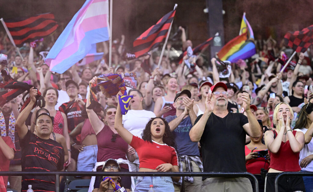 Jul 5, 2024; Portland, Oregon, USA; NWSL fans during the second half between the San Diego Wave FC and Portland Thorns FC at Providence Park. Mandatory Credit: Troy Wayrynen-USA TODAY Sports