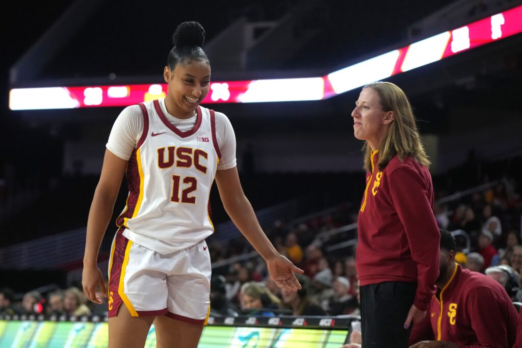 JuJu Watkins and Lindsay Gottlieb, happier.