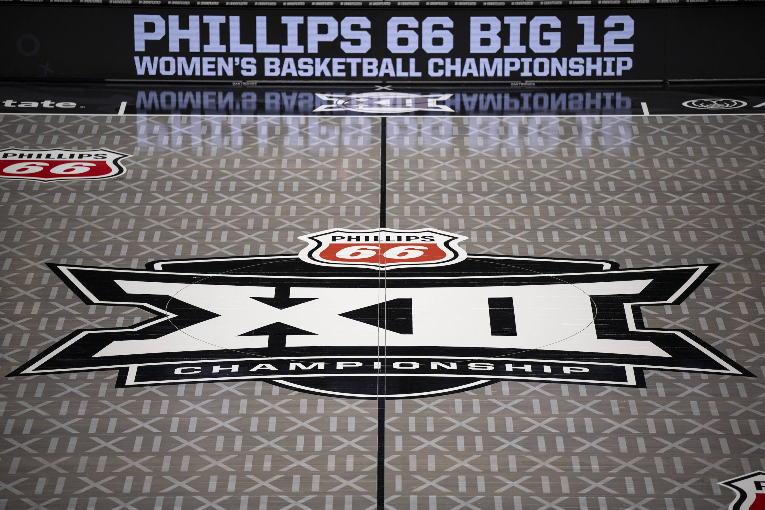 A photo of the Big 12 Championship basketball court with no players on it.