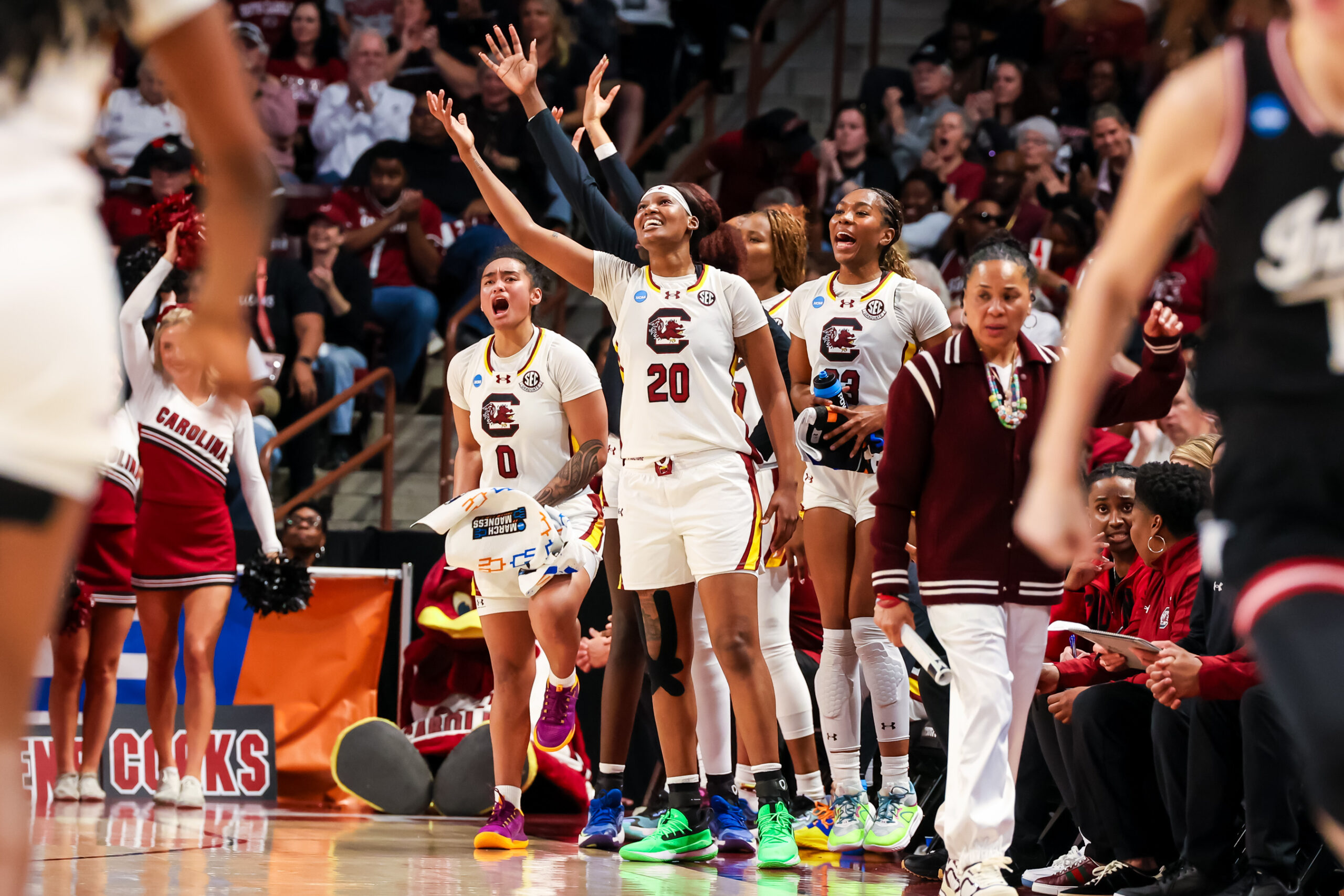 The South Carolina bench celebrates a made shot. The Gamecocks will be one of six SEC teams in the Sweet 16.