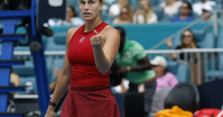 Aryna Sabalenka pumps her fist at the 2025 Miami Open