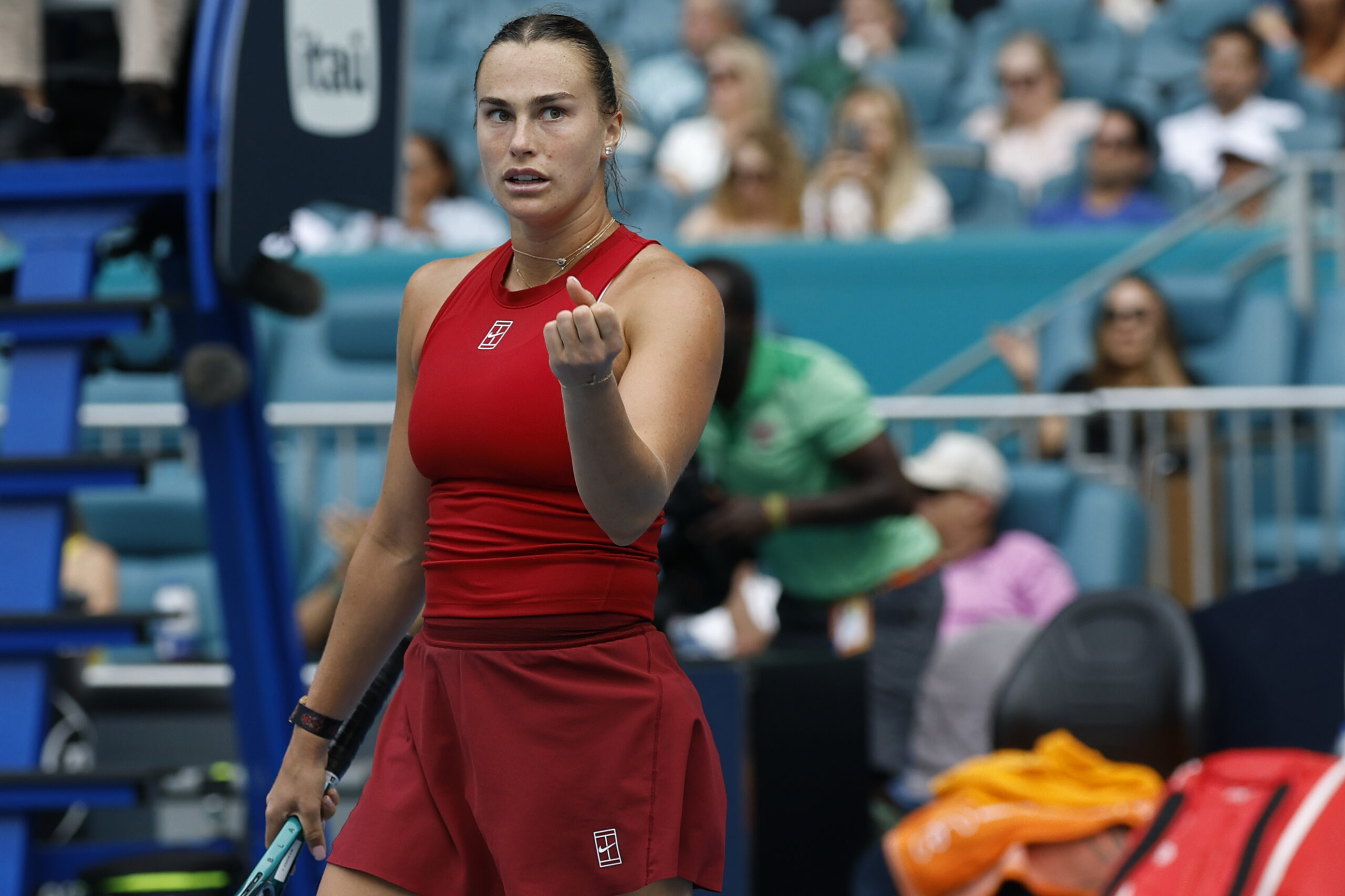 Aryna Sabalenka pumps her fist at the 2025 Miami Open