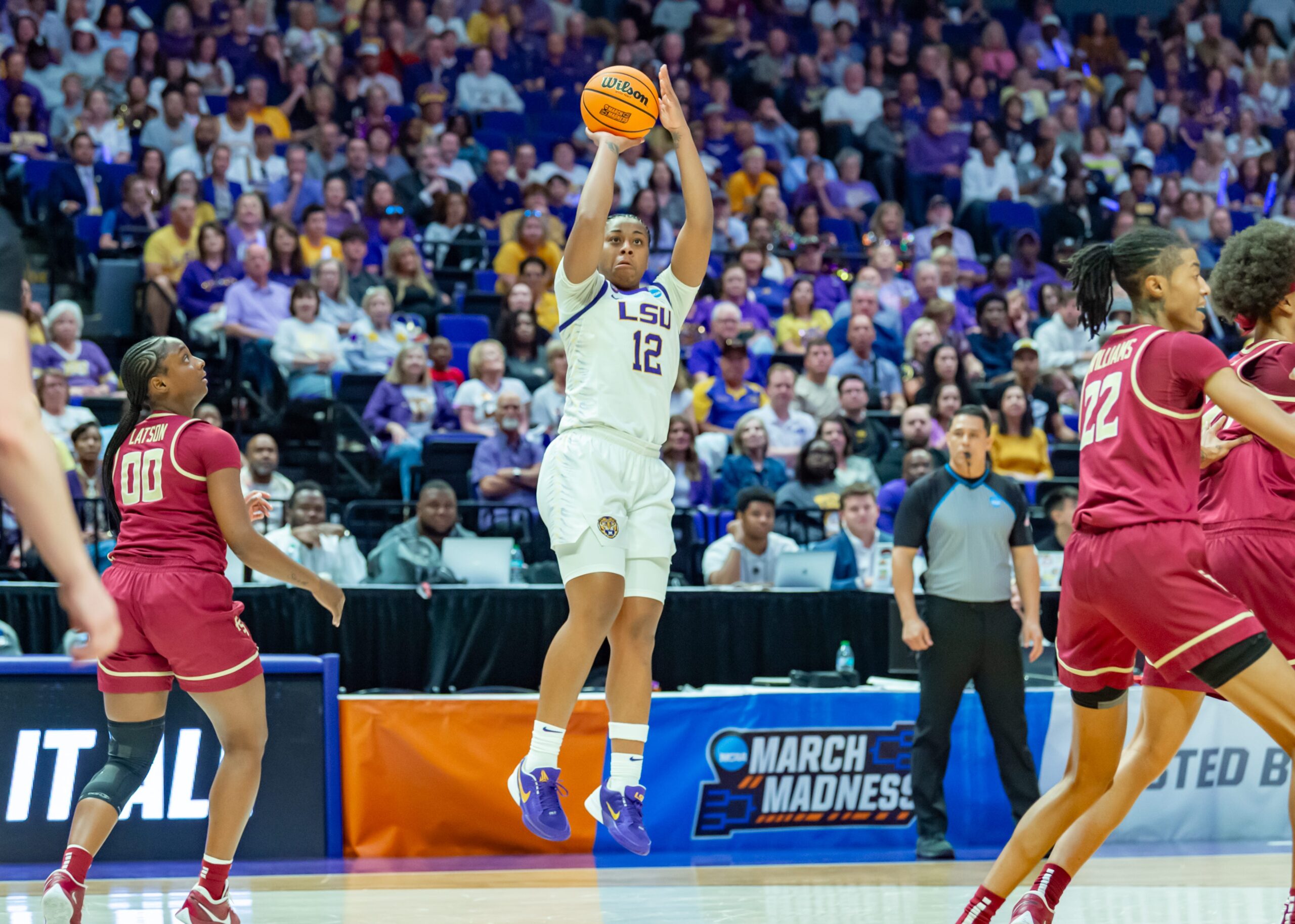 LSU's Mikaylah Williams takes a pull-up jumper against Florida State.