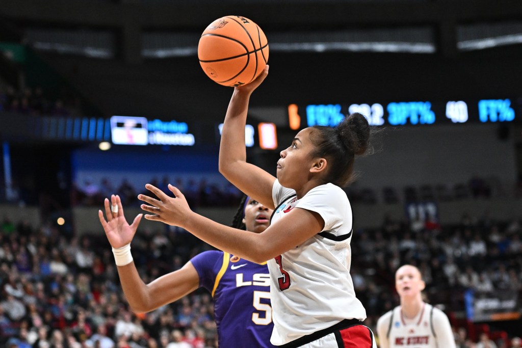 NC State Wolfpack guard Zamareya Jones (3) shoots a floater mid-air against LSU during the first half of a Sweet 16 NCAA Tournament basketball game at Spokane Arena in Spokane, Wash. on March 28, 2025.