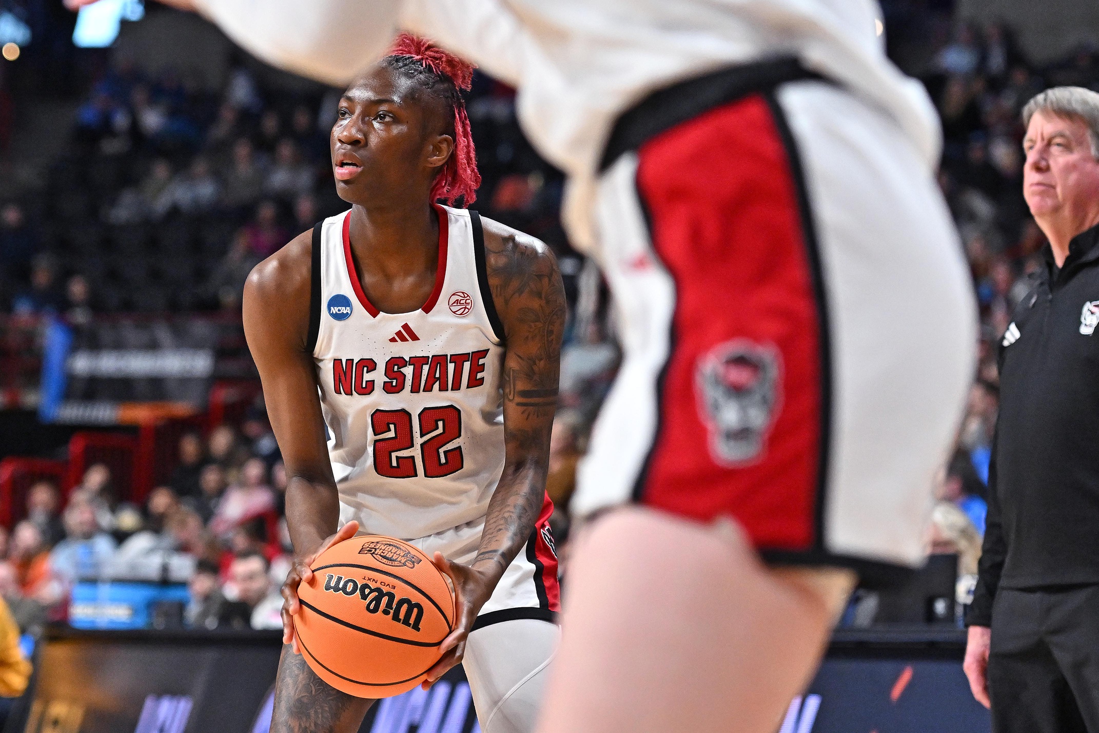 NC State Wolfpack guard Saniya Rivers (22) holds the ball at hip height and prepares to shoot against the LSU Tigers during the second half of a Sweet 16 NCAA Tournament basketball game at Spokane Arena in Spokane, Wash. on March 28, 2025.