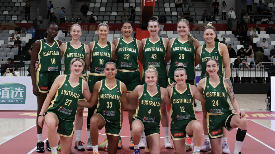 Sep 11, 2023; China; Australia Opals line up for a team photo before an exhibition game against China, including Shaneice Swain (33) and Anneli Maley (24). Mandatory Credit: Sydney Flames media, WNBL
