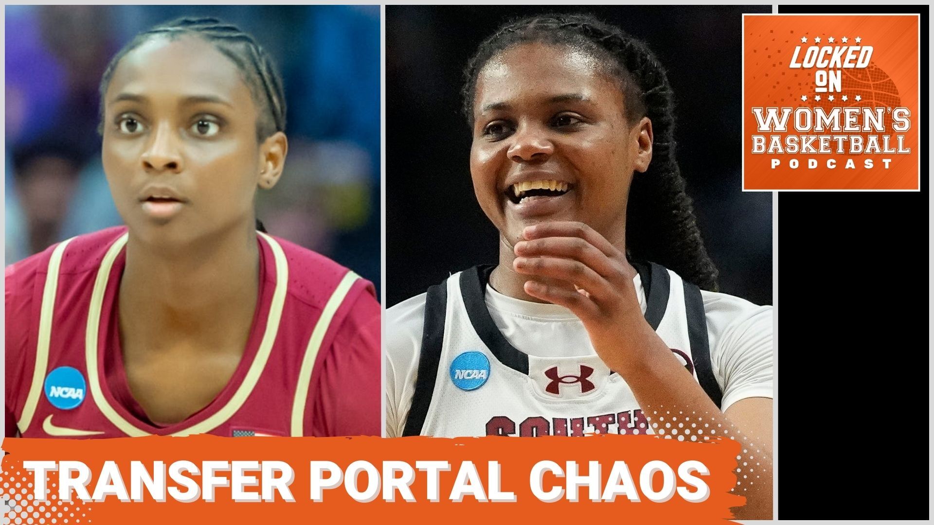 A graphic shows side-by-side photos of guards Ta'Niya Latson and MiLaysia Fulwiley in their game uniforms. Both are shown close up; Latson stares at what's in front of her and Fulwiley is smiling. The text "Transfer portal chaos" is overlaid at the bottom in all caps, and the orange Locked On Women's Basketball logo is in the top right corner.