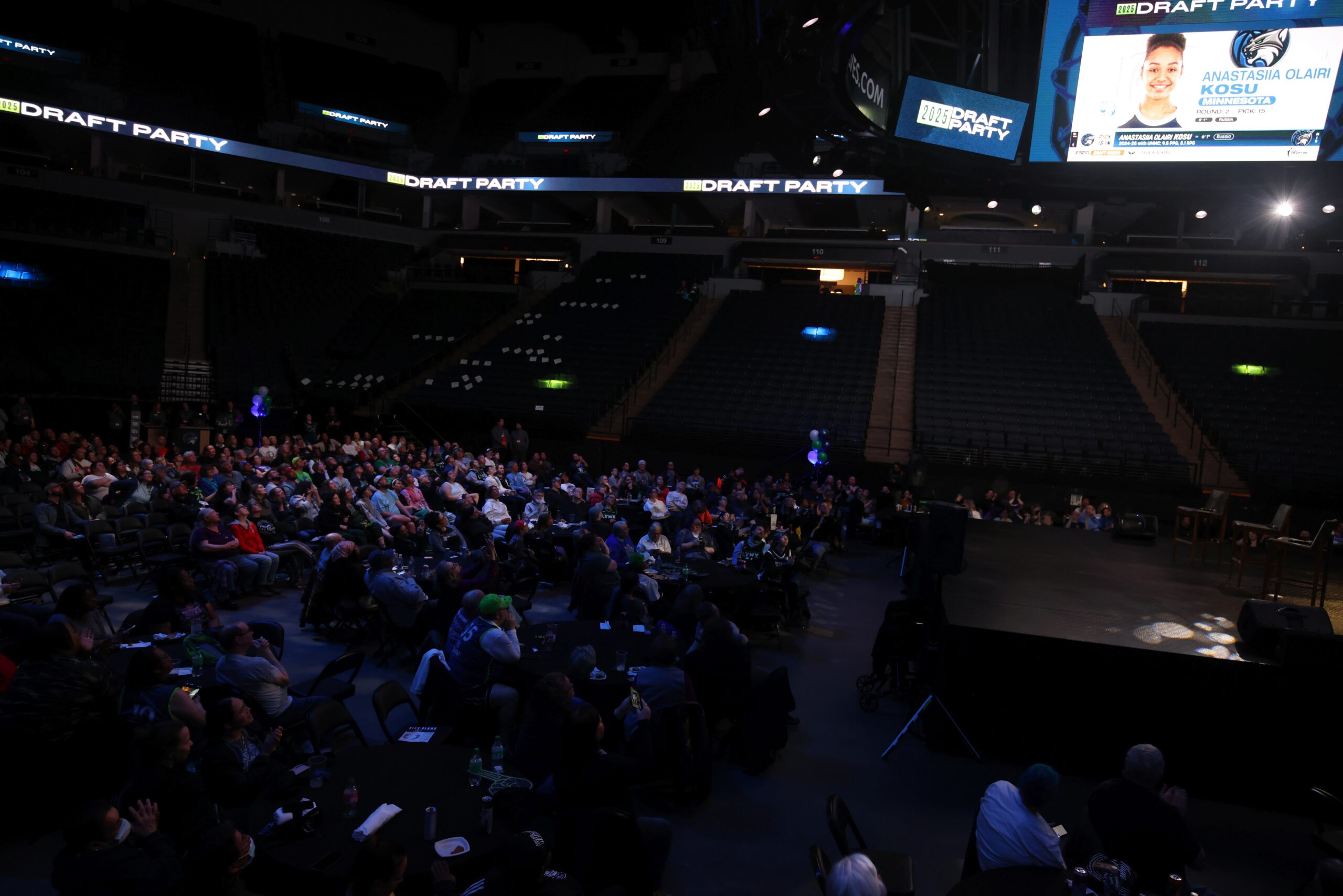Lynx fans watch the draft on the big screen in a dark arena