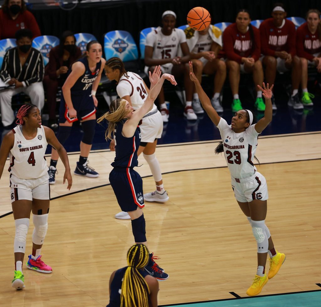 South Carolina guard Bree Hall (23) defends UConn guard Paige Bueckers in the 2022 NCAAW National Championship game on April 3, 2022 at Target Center in Minneapolis, Minn.