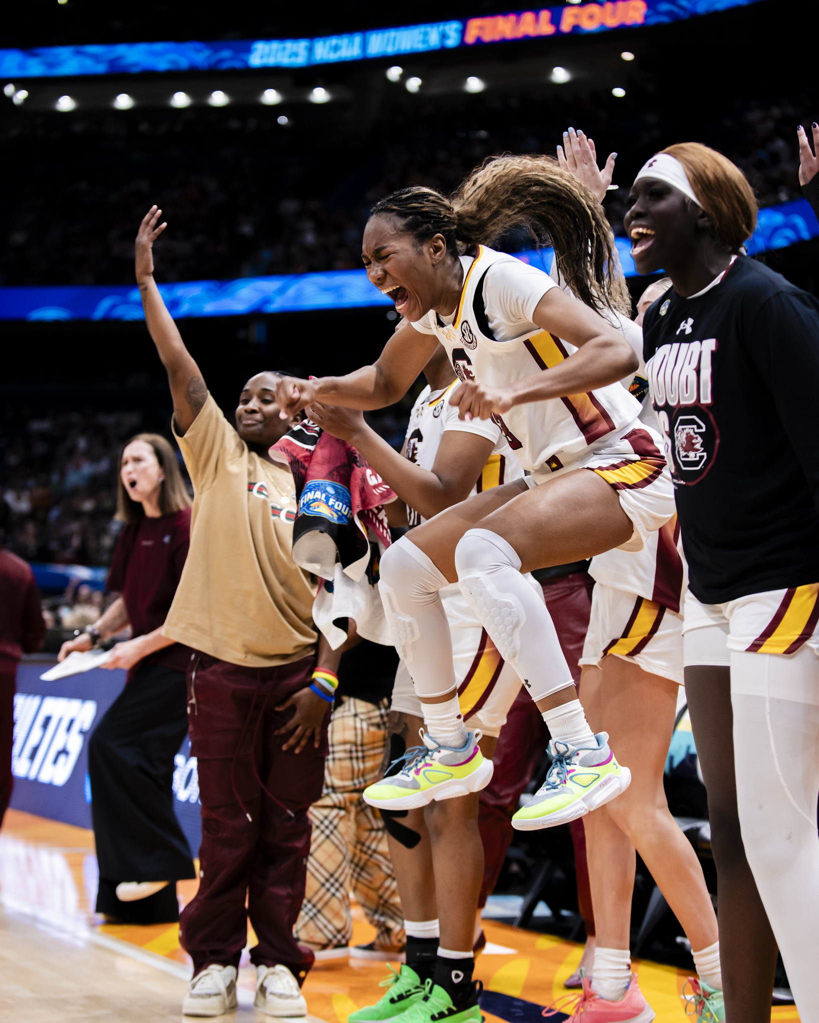 Bree Hall jumps on the sideline of South Carolina's 74-57 victory. (Photo credit: Hannah Kevorkian | The Next)